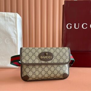 Gucci Beige and Brown Monogram Bag with Green and Red Strap